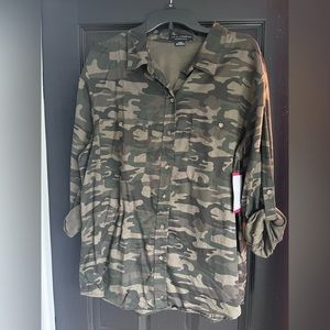 Camo tunic length button down shirt.